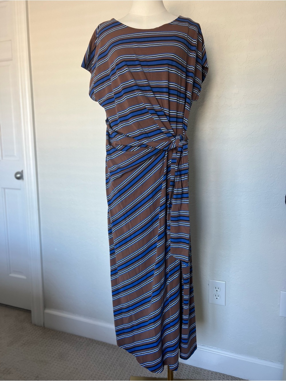 Camila Coelho Striped Boat Neck Tie Waist Maxi Dress 1X Blue Brown Stretch